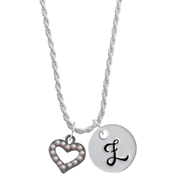 Delight Jewelry Black Nickeltone AB Crystal Open Heart Silvertone Script Initial Disc - Z - Charm Necklace, 20"+3"