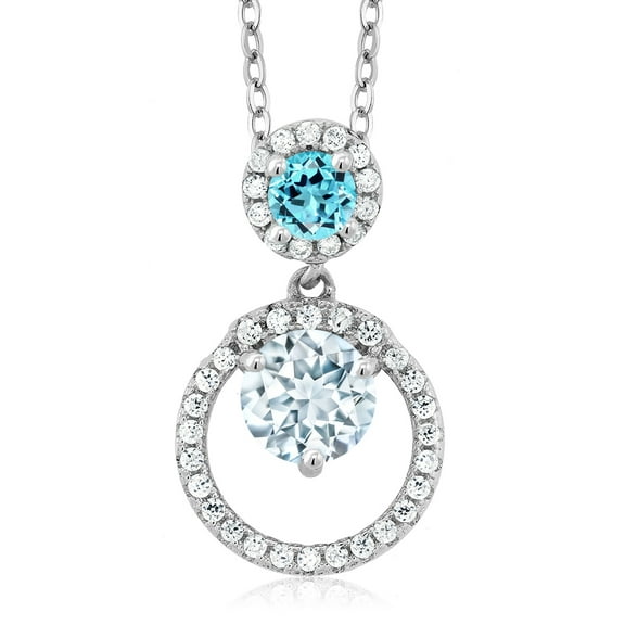 Gem Stone King 925 Sterling Silver Sky Blue Aquamarine and Swiss Blue Topaz Pendant Necklace for Women (1.68 Cttw, Gemstone March Birthstone, Round 6MM and 4MM)