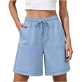 thumbnail image 2 of Women's Summer Cotton Linen Blend Solid Color Bermuda Shorts Elastic Waist Drawstring Side Pockets Casual Light Blue, 2 of 5