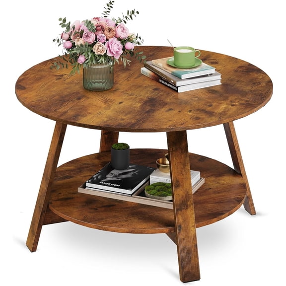 WLIVE Round Coffee Table, 32.6" Small Coffee Table with Storage Shelf, 2-Tier Circle Wood Center Table for Living Room, Apartment, Rustic Brown
