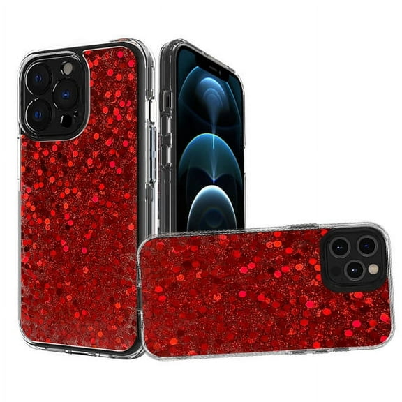 For Apple iPhone 13 Pro (6.1") Glitter Colorful Bling Sparkle Full Epoxy Glittering Shining Shockproof TPU Hard PC Cover ,Xpm Phone Case [ Red ]