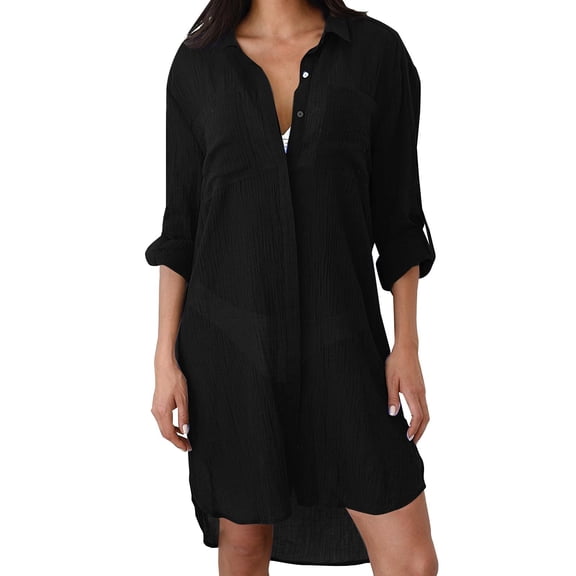 NMMUED Cover Ups for Swimwear Women Blouse Long Button Down Shirt Dresses Tops Beach Vacation Clothes for Women Black A