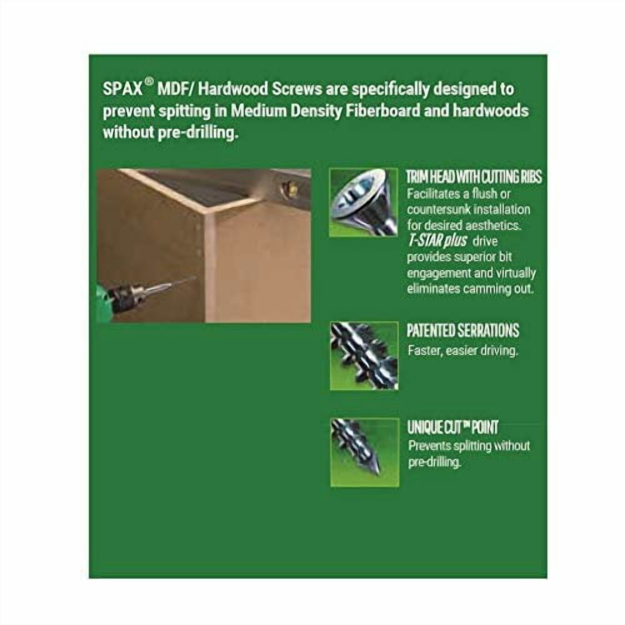 SPAX #6 x 1-1/2" Interior Trim Head Cabinet Wood Screws Torx T-Star Plus Pack of 5/1575 Total /315 EA Pack Bit Included MDF Hardwood Flush Finish