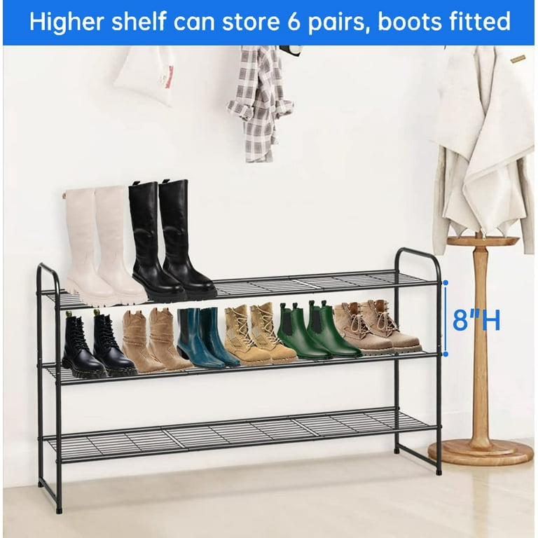 MISSLO 2 Tier Stackable Long Shoe Rack 18 Pairs Metal Shoe Storage Shelf  Fabric Organizer for Closet Entryway Bedroom, Grey 