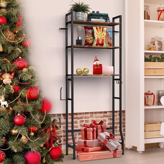 Over The Toilet Storage Shelf, 3-Tier Bathroom Organizer with Toilet Paper Holder and 3 Hooks, Freestanding Shelving for Restroom, Laundry, and Balcony,Brown