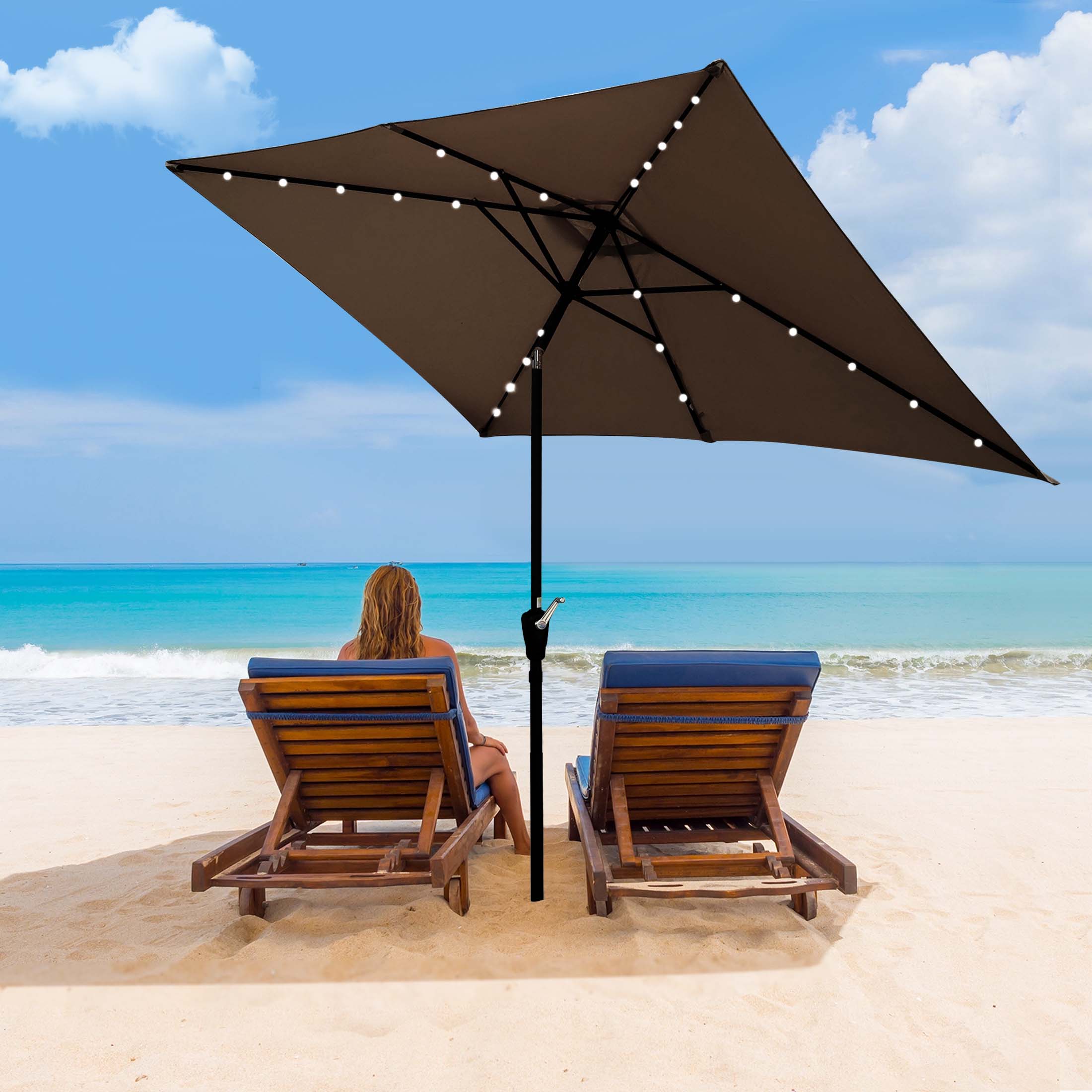 Aukfa 10 x 6.5ft Rectangular Patio Solar LED Lighted Outdoor Umbrellas for Market Beach Pool - Dark Chocolate