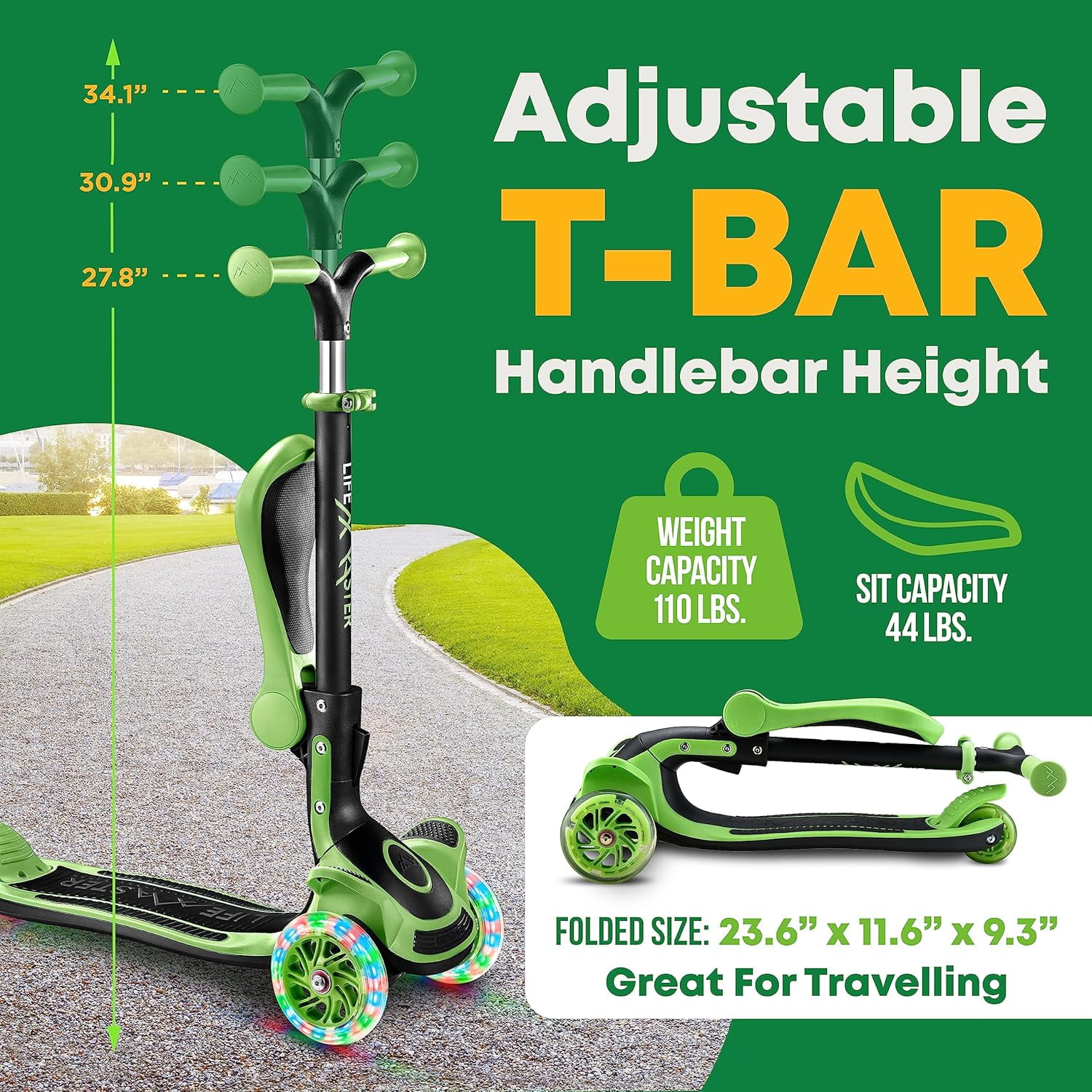 Kids Scooter – Foldable Seat – LED Wheel Lights Illuminate When Rolling – Children and Toddler 3 Wheel Kick Scooter – Adjustable Handlebar – Indoor and Outdoor- Green - by Lifemaster