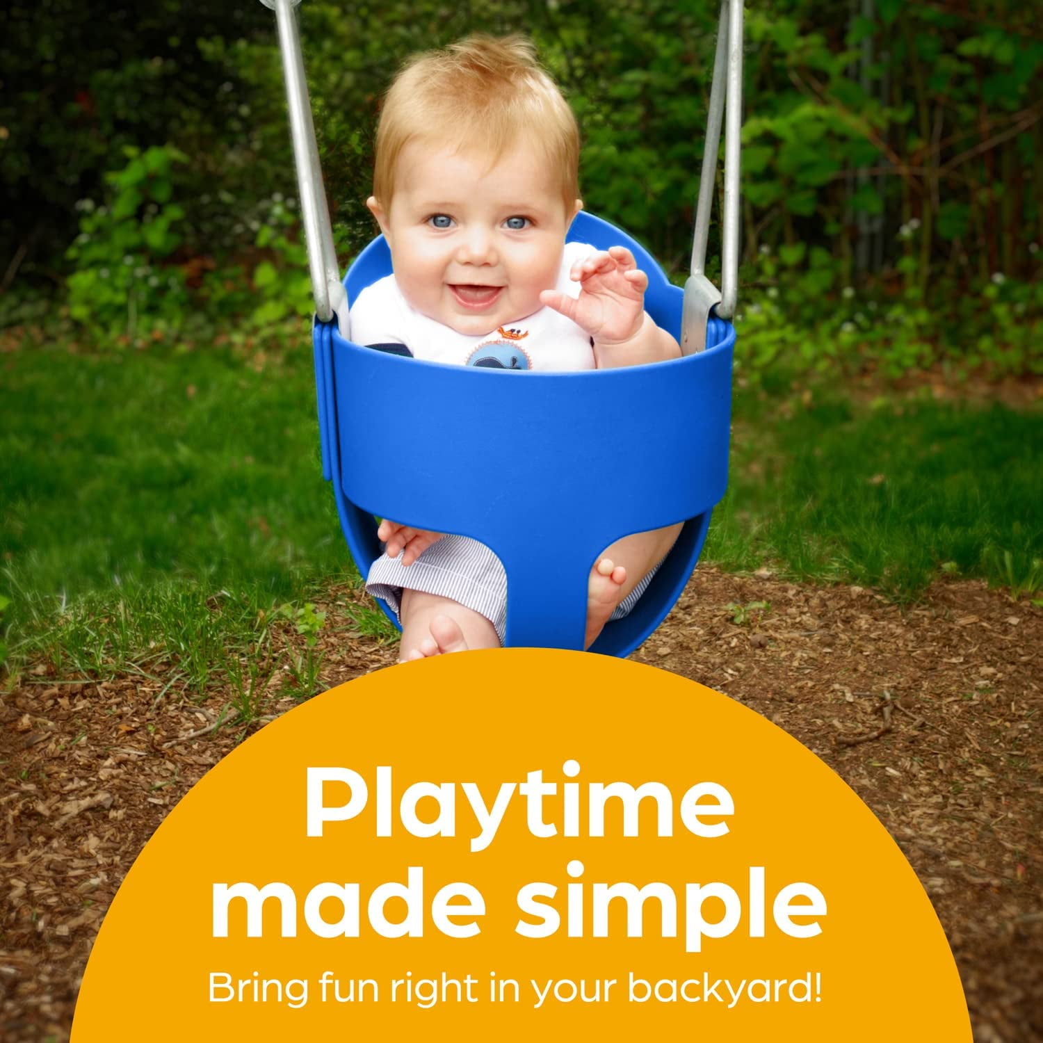 Jungle Gym Kingdom Toddler Swing; Heavy Duty, High Back, Full Bucket Baby Swing Seat with Coated Chains for Outdoor Use; Fully Assembled; Blue