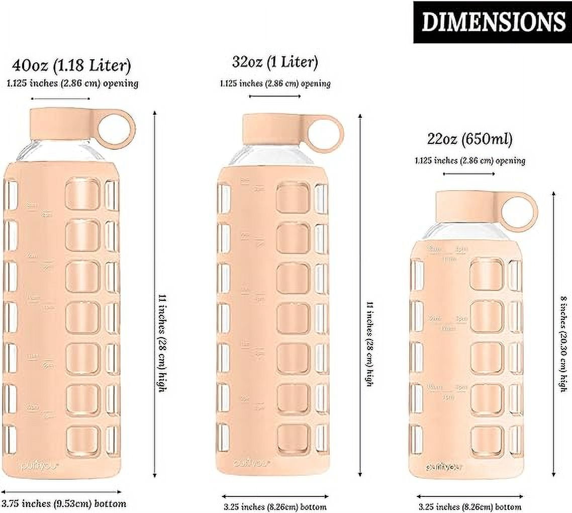 purifyou Premium 40/32/22/12 oz Reusable Borosilicate Glass Water Bottles with Time and Volume Markings, Non-Slip Silicone Sleeve & Stainless Steel Lid Insert, for Water, Milk, Juice (40oz Hazelnut)