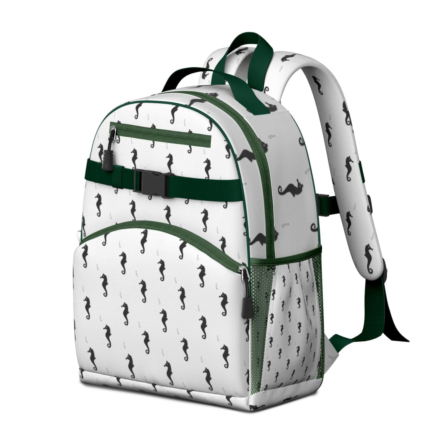 SeaHorse Waterproof School Backpack - Ergonomic Travel Daypack with Nautical Tropical Seahorse Design, Breathable Padded Backpack for Teens, Adjustable Chest Strap & Multiple Pockets for Books, Laptop