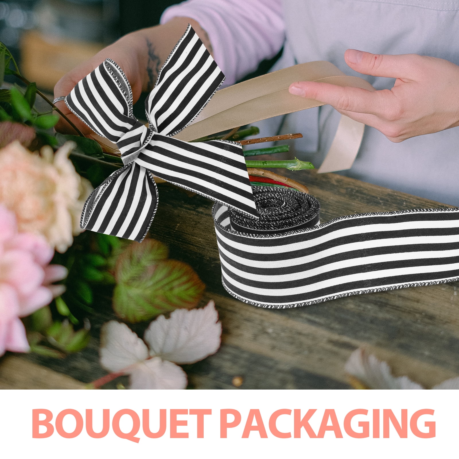 MLINS  Decorative Wrapping Ribbon Black and White Stripe Striped Outdoor