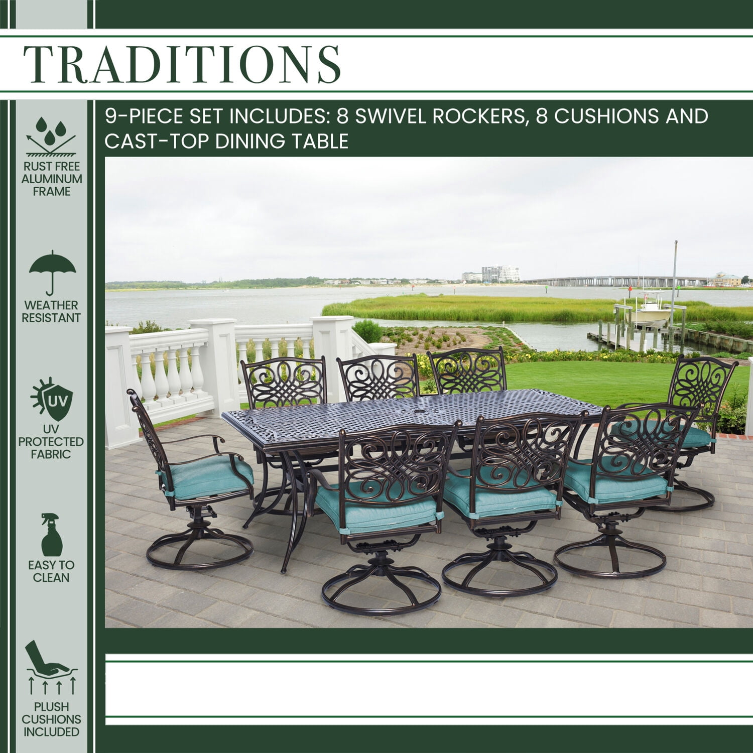 Hanover Traditions 9-Piece Aluminum Outdoor Dining Set, Blue
