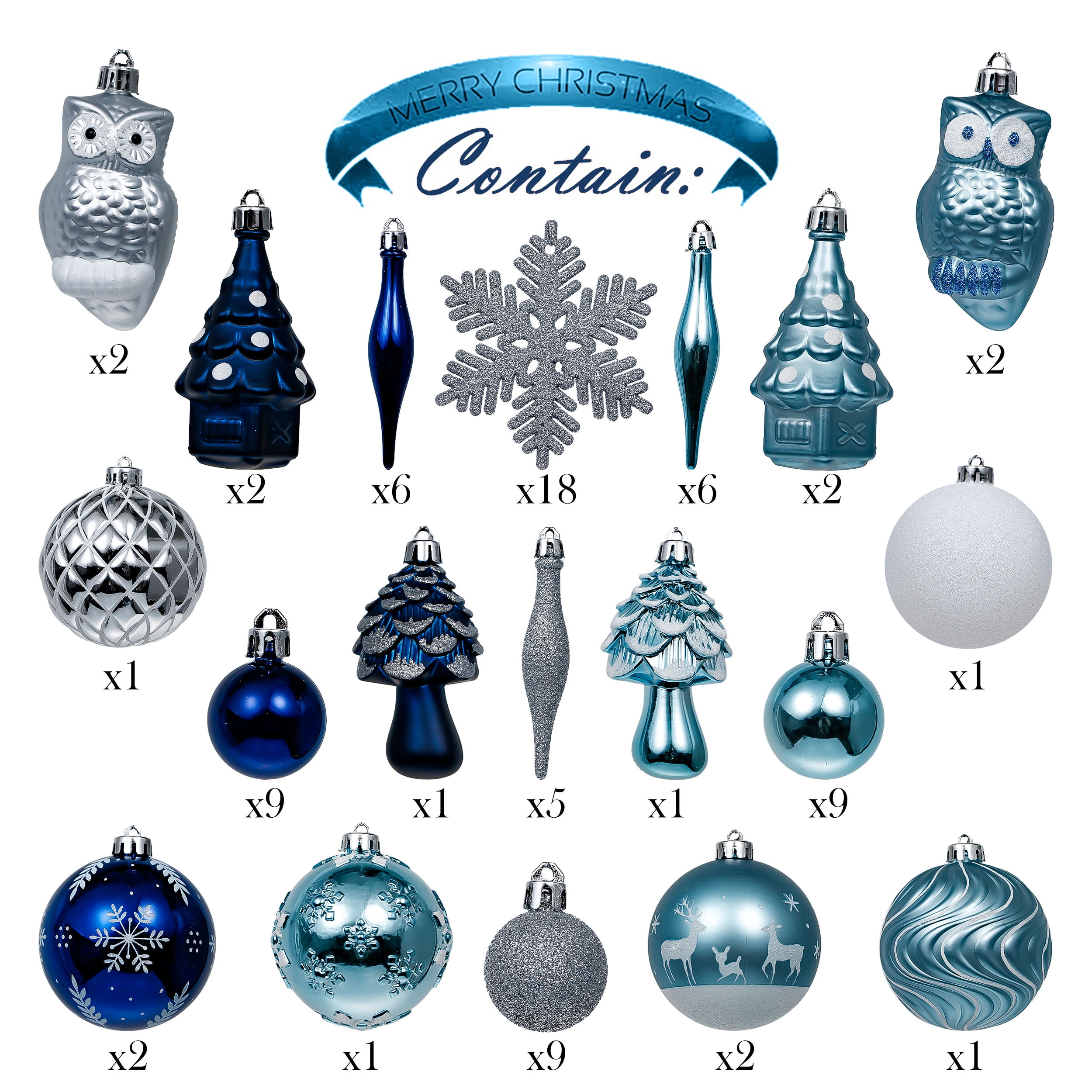 EG0101-0036 Valery Madelyn 70ct Winter Wishes Silver and Blue Christmas  Ball Ornaments Decor, Shatterproof Assorted Christmas Tree Ornaments