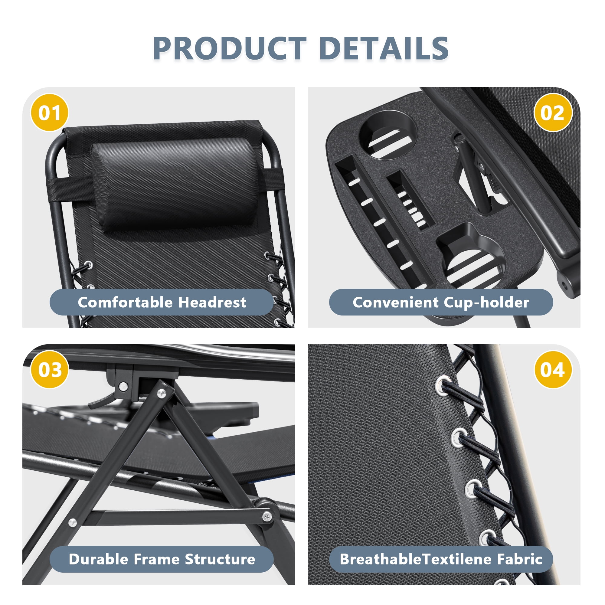 Lacoo Zero Gravity Chair Patio Outdoor Foldable Lawn Lounge Chair Reclining Chair with Adjustable Pillow Pack of 2, Black