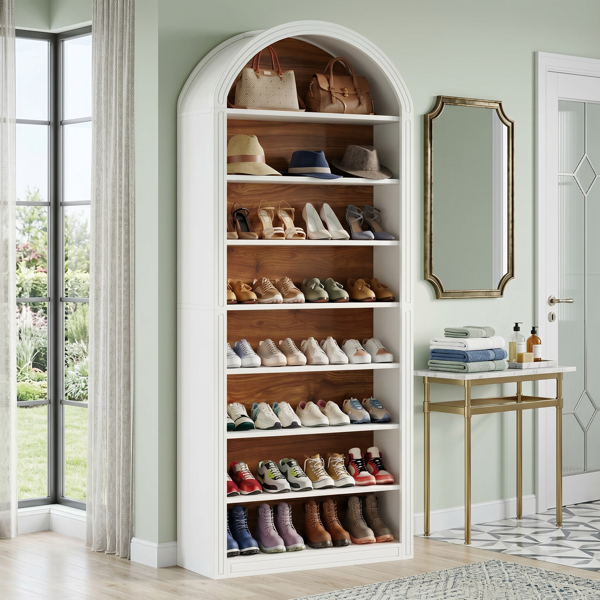 Fnova 79.5" Arched Shoe Storage Cabinet, 8-Tier Wooden Shoe Organizer Rack for 35 Pairs, Adjustable Shelves, White