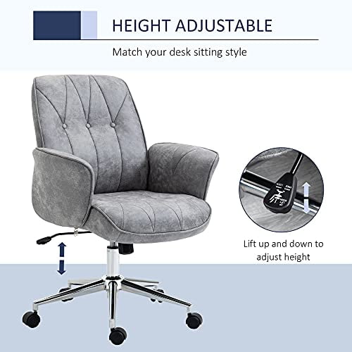 Vinsetto Microfiber Home Office Chair, Height Adjustable Button Tufted Computer Desk Chair with Swivel Wheels,  Function and Padded Armrests, Light Gray