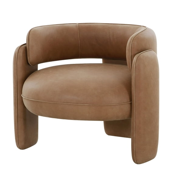 Benjara 34" Accent Chair- Barrel Low Profile Design- Brown Genuine Leather