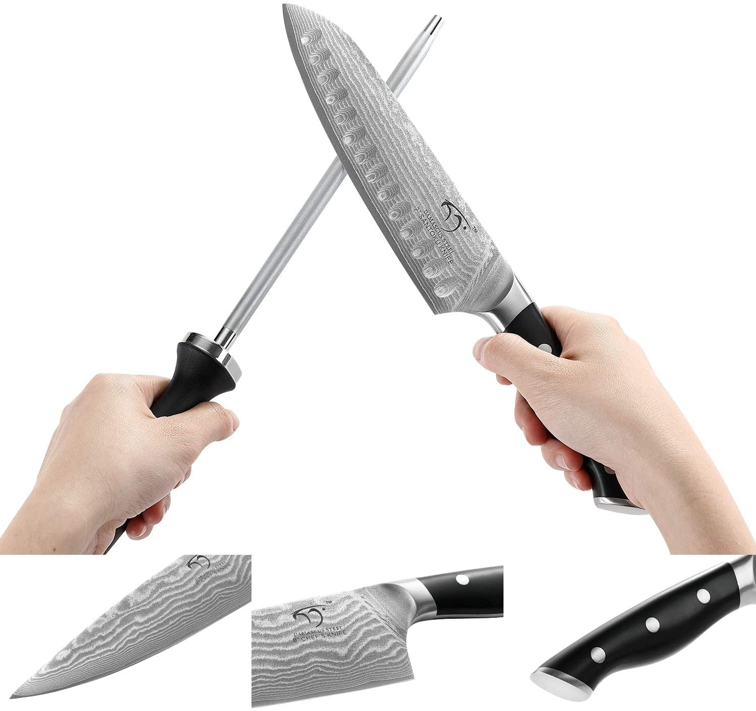 NANFANG BROTHERS Kitchen Knife Set，19 Pieces Damascus Steel Steak Knife Set  ，VG10 Professional Chef Knives Set with Block ，Knife Sharpener and Kitchen