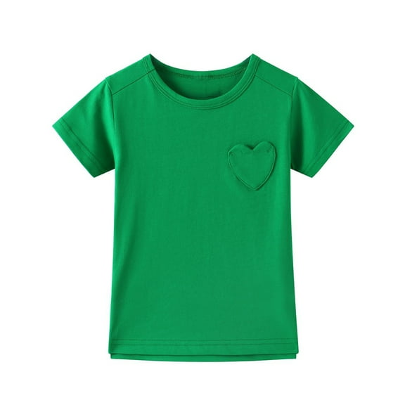 BRGZLK Kids Summer New Shirts Girls Trendy Solid Short Sleeve T-Shirts Loose Round Neck Tops With Cute Heart-Shaped Pocket Green 9-10 Years
