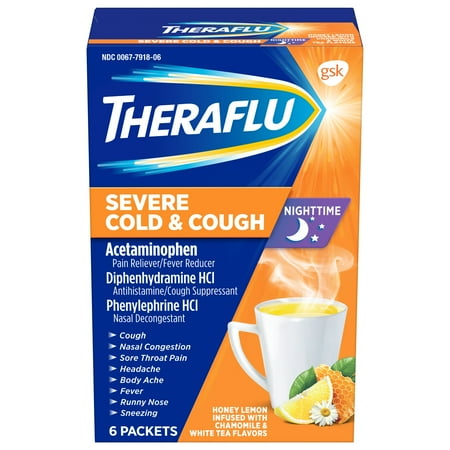 Theraflu Nighttime Severe Cold & Cough Honey Lemon Infused with Chamomile & White Tea Hot Liquid Powder for Cough & Cold Relief, 6