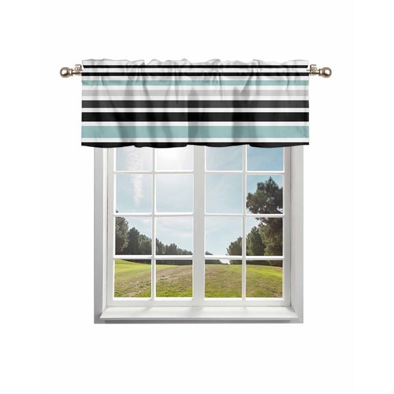 Turquoise Black Stripe Kitchen Curtain Valances for Windows Farmhouse Short Curtains, Modern Abstract Coarse Striped Rod Pocket Valance Curtain for Bedroom Cafe Living Room 56"x16"
