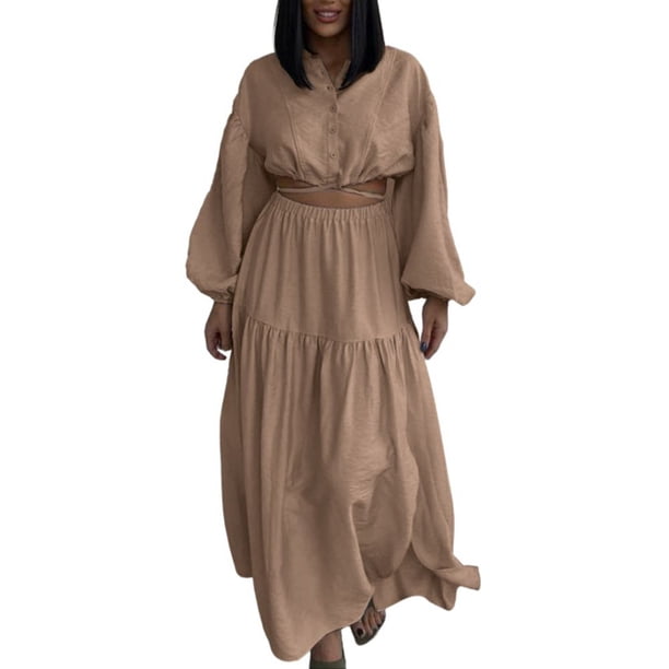 Gibobby Vestido De Mujer De Corte Vestido largo para mujer, traje de vacaciones informales de Color con cinturón, Top corto fluido de manga larga y f(Caqui,G)