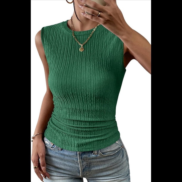Top Informal de Verano con Cuello Redondo, Punto Acanalado, Corte Entallado, Básico, Texturizado, Sin Mangas, Verde M