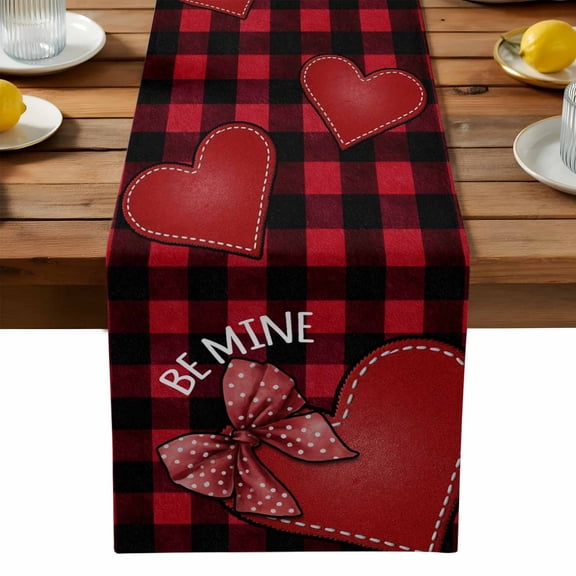 Valentine's Day Table Runner, Red Love Heart Bow Vintage Black Plaid Abstract Washable Kitchen Table Runners Dress Scarves for Dining Table Decorations Party, 13x36in