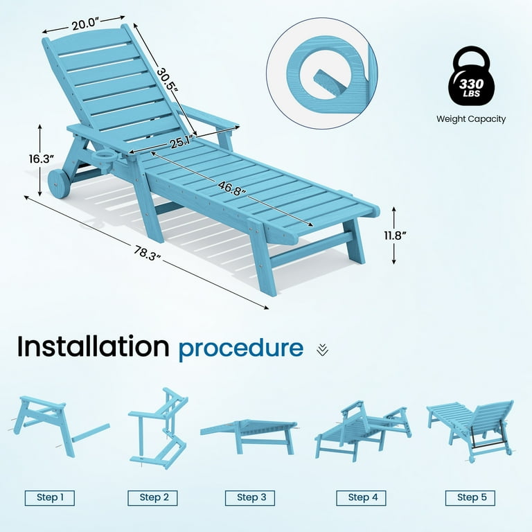 SERWALL Patio Chaise Lounge Chair, 5-Position Light Blue photo 2