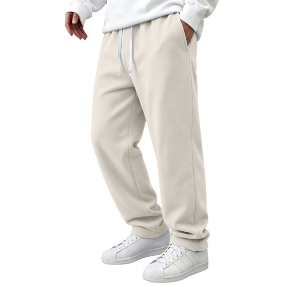 Men's Straight Leg Pants, Solid Color Drawstring Elastic Waist Loose Fit Fall Casual Trousers with Pockets Beige L