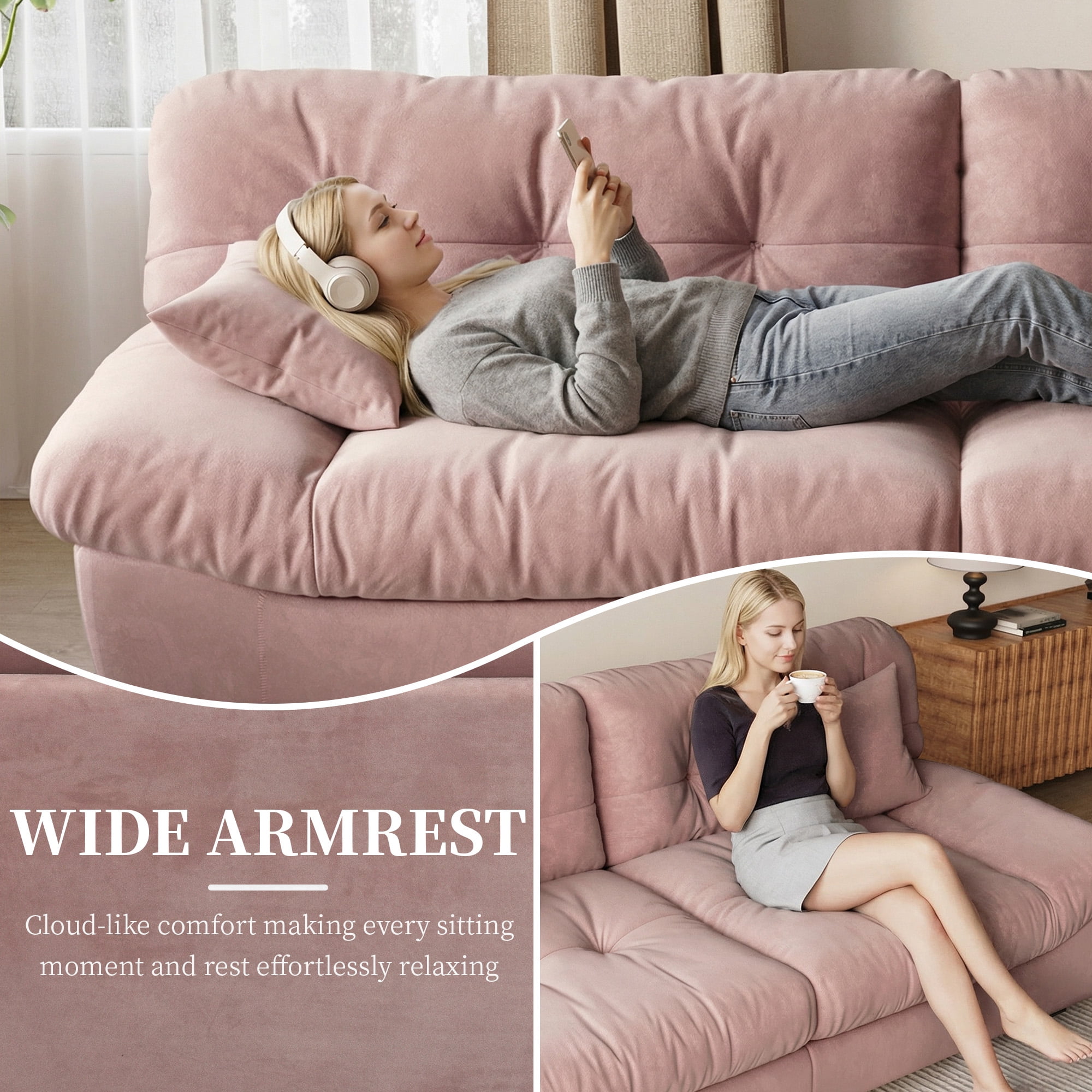 Magic Home 105" Cloud Sofa,Modern Velvet Couch,3-Seat Sofa for Living Room,Apartment and Small Space,Pink