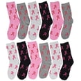 thumbnail image 3 of 6-Pairs Glory Max Women's Casual Cotton Assorted Colors Pink Ribbon Design Crew Socks Size 9-11, 3 of 5