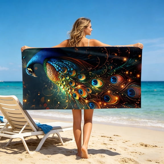 Bcylexb 35"x 70" Peacock Beach Towel, Large Soft Bath Pool Towels Quick-Dry Lightweight for Travel Swimming Bathroom