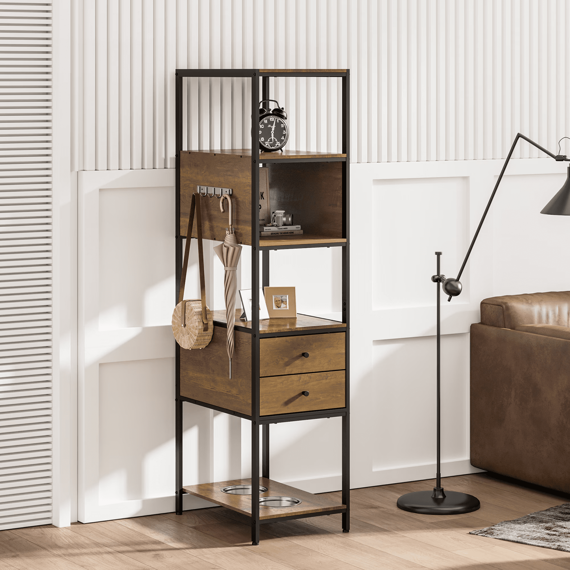 Industrial Bookshelf, Standing Display Shelf with 2 Dog Bowls, Metal and Wood Bookshelf, Dog Feeder Station with Shelves, Brown