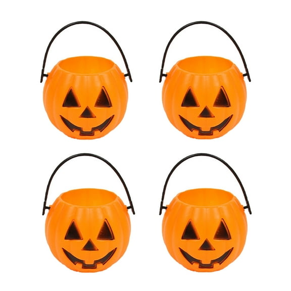Sunshinehomely 4 Pcs Halloween Pumpkin Buckets, Plastic Pumpkin Buckets, Halloween Trick or Treat Buckets, Reusable Small Halloween Candy Buckets with Handle, Halloween Candy Holders for Party