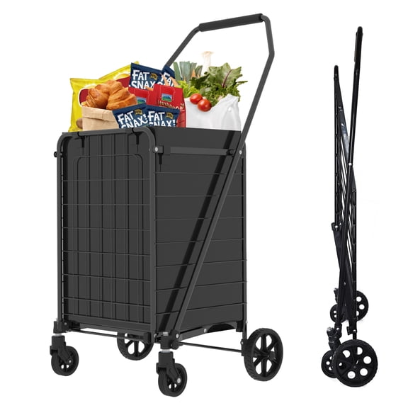 Shopping Cart with Wheels, Foldable Grocery Cart on Wheels - 65L Utility Cart with 360° Swivel Wheels for Groceries, Laundry, Heavy Items Antique Black   Casual   oxford fabric   Metal