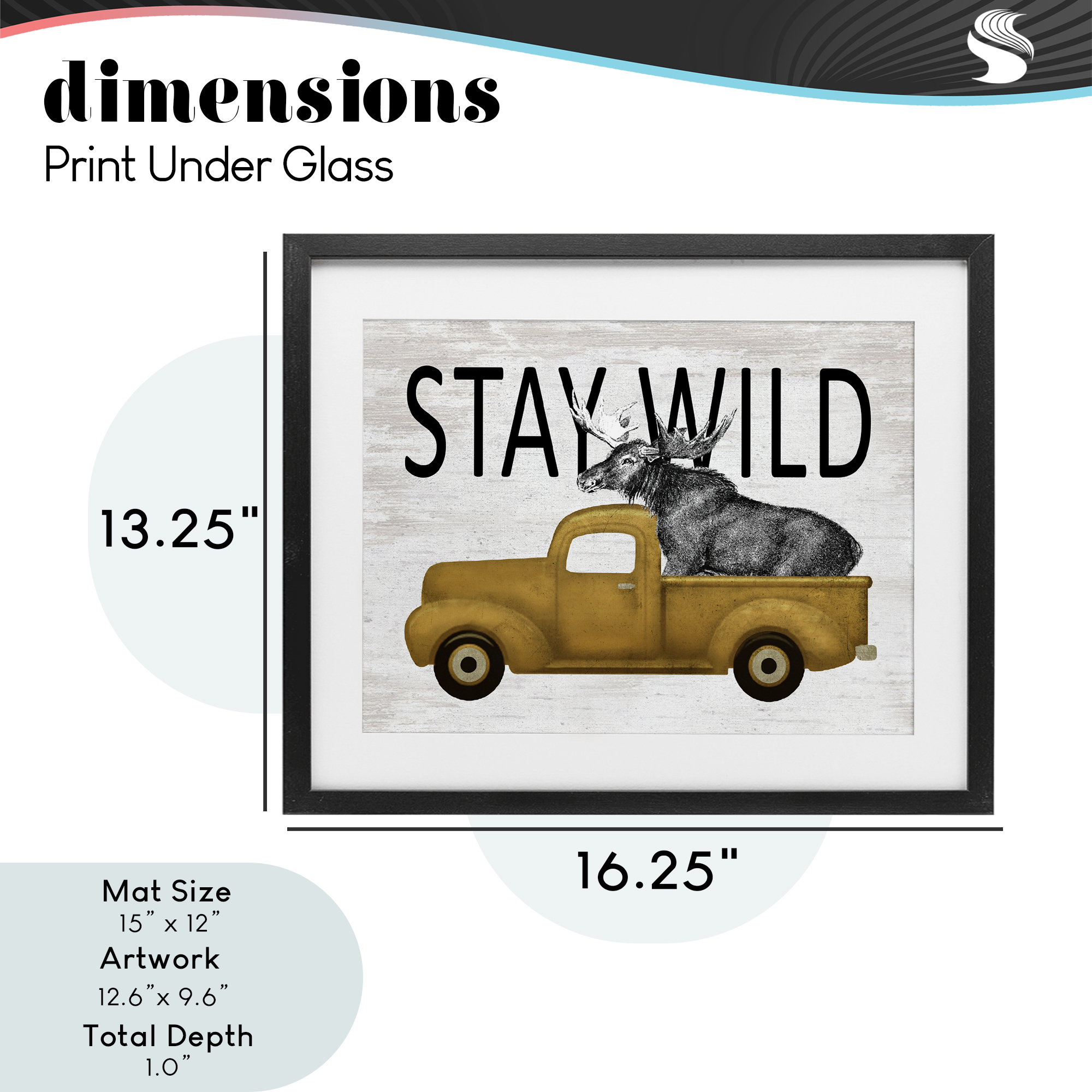 Stay Wild Moose Truck Black Framed Print Under Glass, design by Lettered and Lined