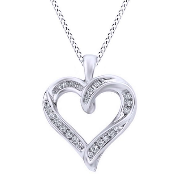 AFFY 1/5 Ct Natural Diamond Heart Shaped Pendant Necklace in 14k White Gold Over Sterling Silver