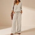 thumbnail image 5 of Lekode Womens Linen Set Solid Blouses Tops Summer Vacation Clothes Matching Wide Leg Lounge Pants V Neck Two Piece Sets for Women Linen Pants Set Casual Loungewear Simple 2 Piece Set Beige Xl, 5 of 7