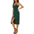 thumbnail image 4 of INSPIRE CHIC Women's Spaghetti Strap Sleeveless V Neck Ruched Faux Wrap Split Hem Bodycon Midi Dress L Dark Green, 4 of 6