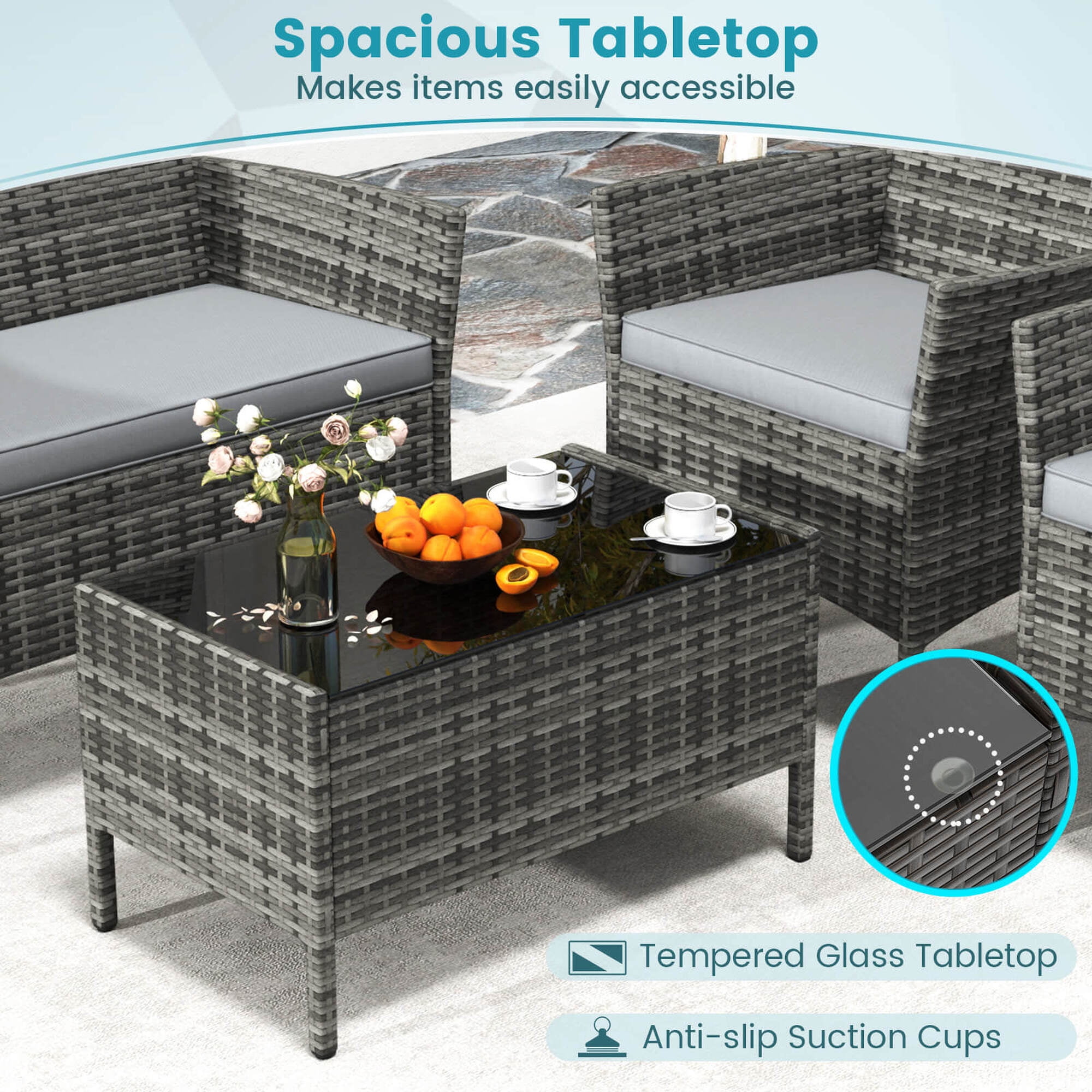 Costway 8 PCS Patio Furniture Set with Washable Cushions and Tempered Glass Coffee Table Gray