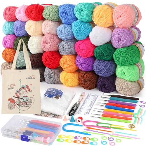 Crochet Kit with Crochet Hooks Yarn Set - Premium Bundle Includes 40 Colors Crochet Yarn Balls,Crochet Kit,Accessories Kit,Crochet Bag and Lot More - Starter Pack for Kids Adults