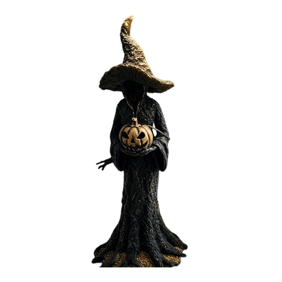 Lypsnake Faceless Witch Holding Pumpkin Figurine, Tree Bark Textured Resin Sculpture With Pointed Witch Hat, Spooky Tabletop Ornament For Mantel Shelf Indoor Halloween Party Decoration
