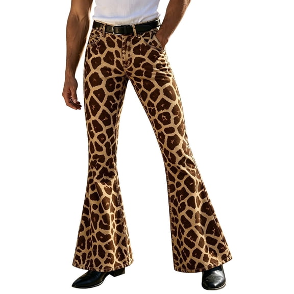 CUSTG Male Leisure Trousers Giraffe Print Vintage Bootcut Flare Denim Jeans Mid Rise Button Zip Waist With Pocket Workwear Utility Trousers