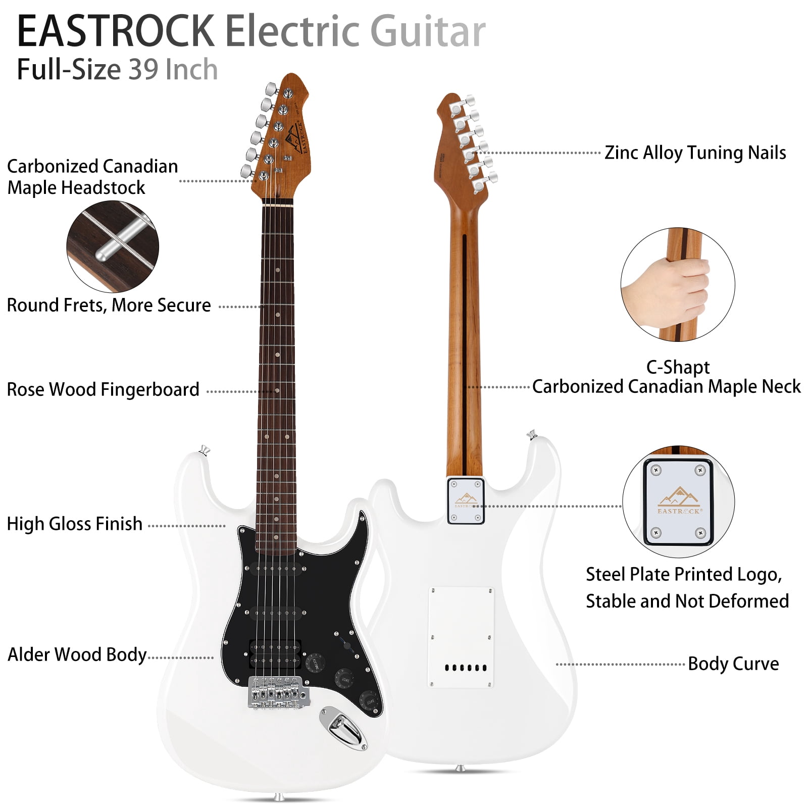 EASTROCK Electric Guitar Kits for Beginner HSS Pickup 39" Full-Size Solid Alder Body with Amp & Bag & Shoulder Strap,White