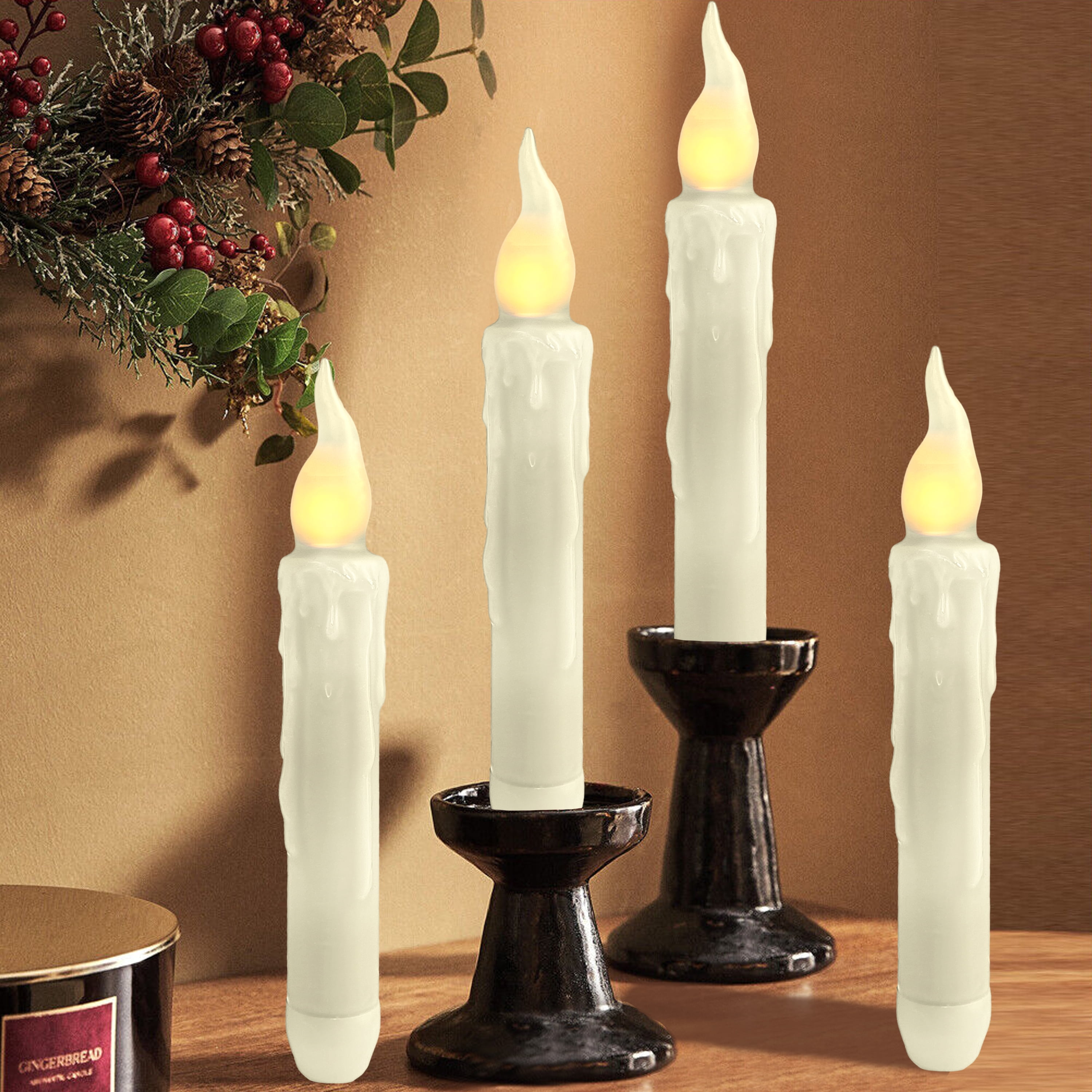 6.5 Inch Printed Flameless Candle Real Wax White LED Taper Candles with Remote Control for Weddings Home Decoration Christmas,Pack of 4