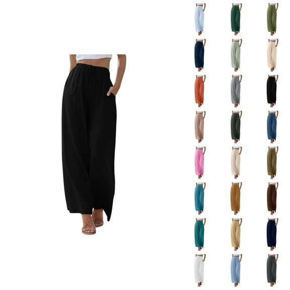 Linen Pants for Women 2025 Lightweight Elastic High Waist Drawstring Wide Leg Pants with Pockets Casual Trousers