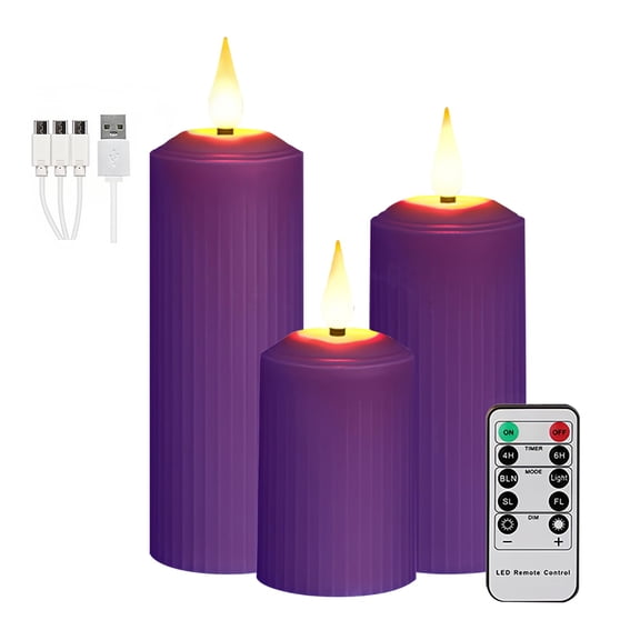 Rechargeable Flickering Flameless Candles, 3-Pack Purple Pillar Lights with Remote Timer, Waterproof Fake Candle for Lantern Holiday Wedding Party Decor