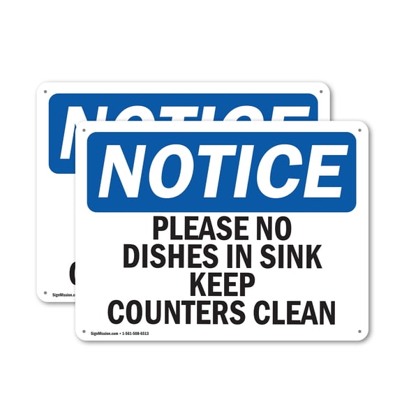 (2 Pack) Please No Dishes In Sink Keep Counters Clean OSHA Notice Sign 24 Inch X 18 Inch Indoor / Outdoor Rust-Free Aluminum Metal Signs for Workplace, Workshop, and Construction Site,