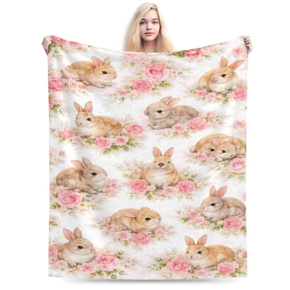 Cute Bunny Floral Blanket Pink Flower Bunny Throw Blanket Soft Cozy Blanket for Couch Bed Easter Gift Spring Decor 50x40